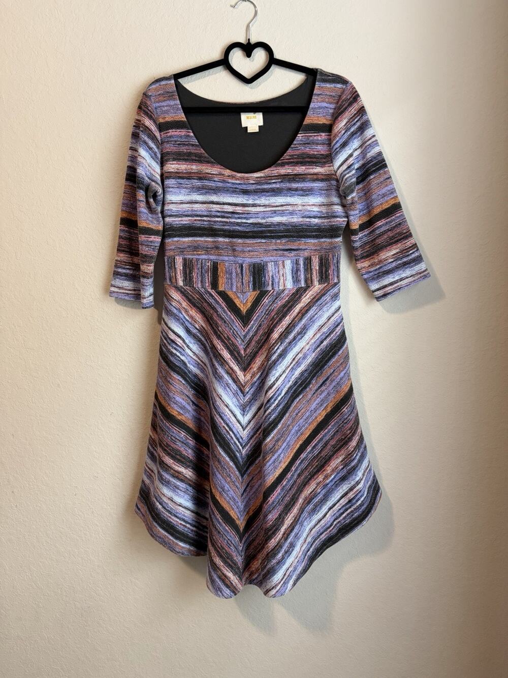 Maeve Multicolor Striped Kebren Fit & Flare Scoop Neck 3/4 Sleeve Pockets Sz L